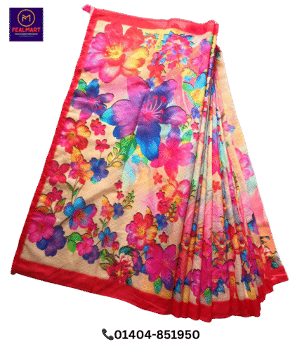 Rainbow Floral Semi Muslin Silk Saree – Digital Print on Off White Base